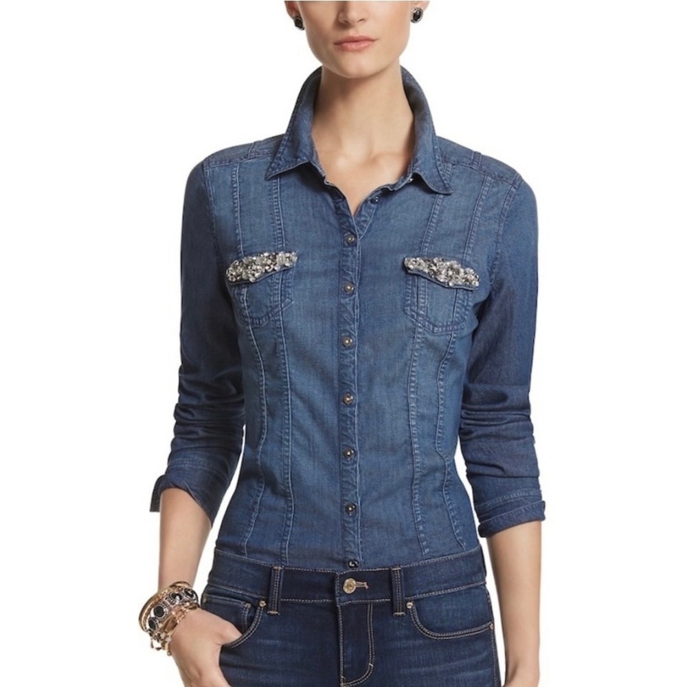 White House Black Market Embellished Denim Shirt Blue Lyocell Blend Size 4